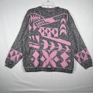 VTG 80s Geometric Pattern Knit Sweater Womens XL Pink Grey Long Sleeve Crew Neck
